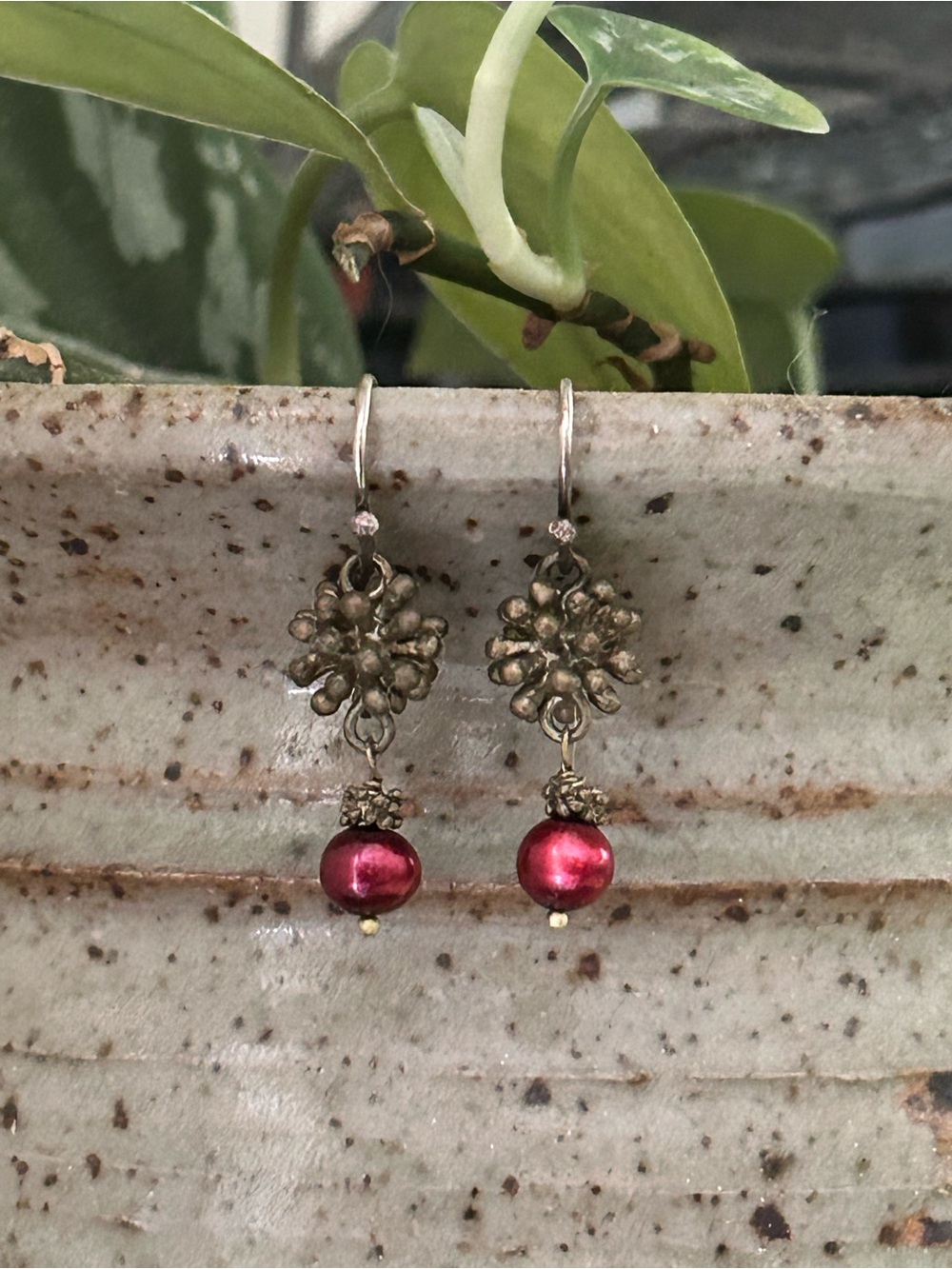 Handcrafted Bronze Cluster and Cranberry Pearl Drop Earrings